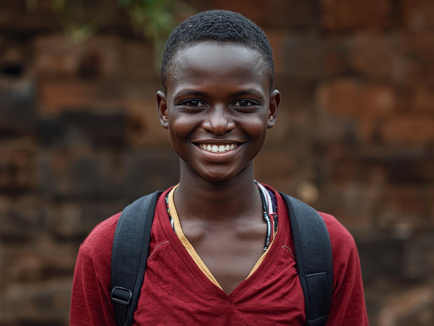 Generate a 363 by 228 pixels of nigerian college student needing clothing and smiling